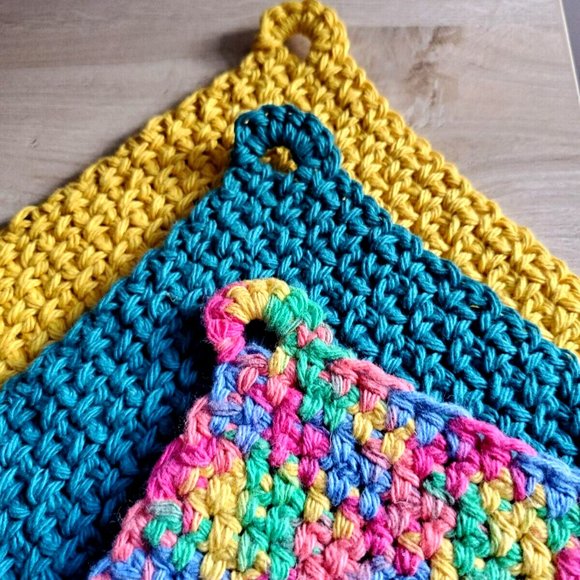 3 Crochet DISHCLOTH WASHCLOTH 100% Cotton Handmade Rainbow Teal Mustard - Picture 3 of 15